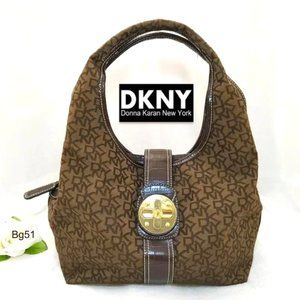 DKNY Brown Hobo Bag Monogram Jacquard Gold Buckle Turnlock Flap Shoulder…